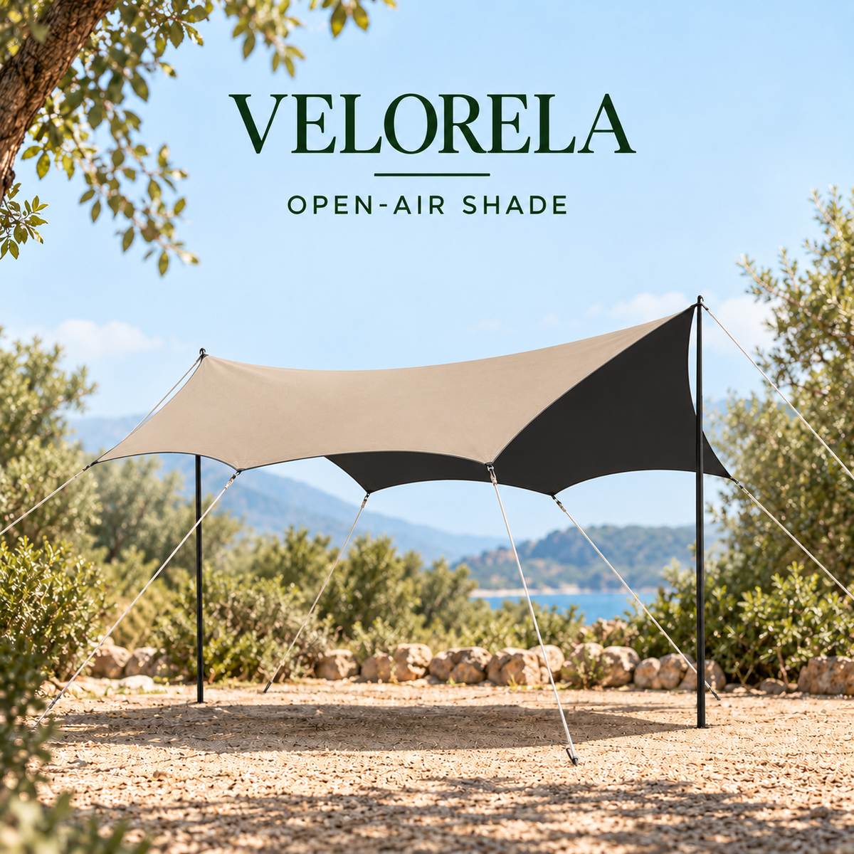 Beige Octagon camping tarp with Black inner coating supported by two poles