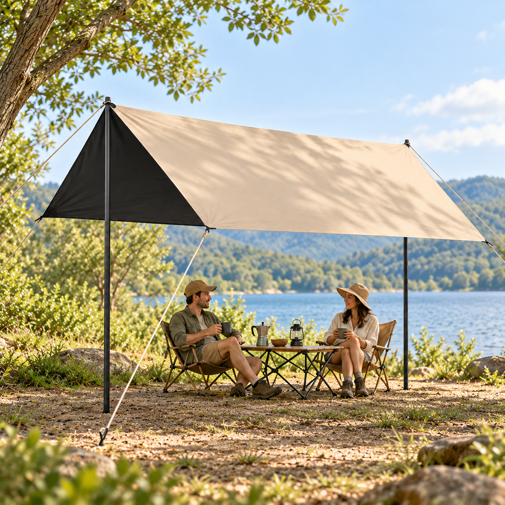 Two campers relaxing beneath a Rectangular Black Coating tarp beside a lake