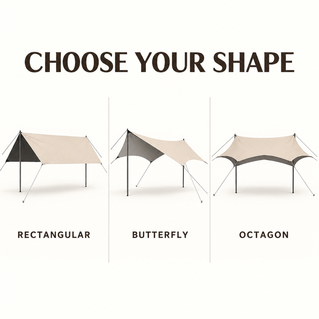 Rectangular Butterfly and Octagon tarp shapes each supported by two poles