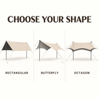 Rectangular Butterfly and Octagon tarp shapes each supported by two poles