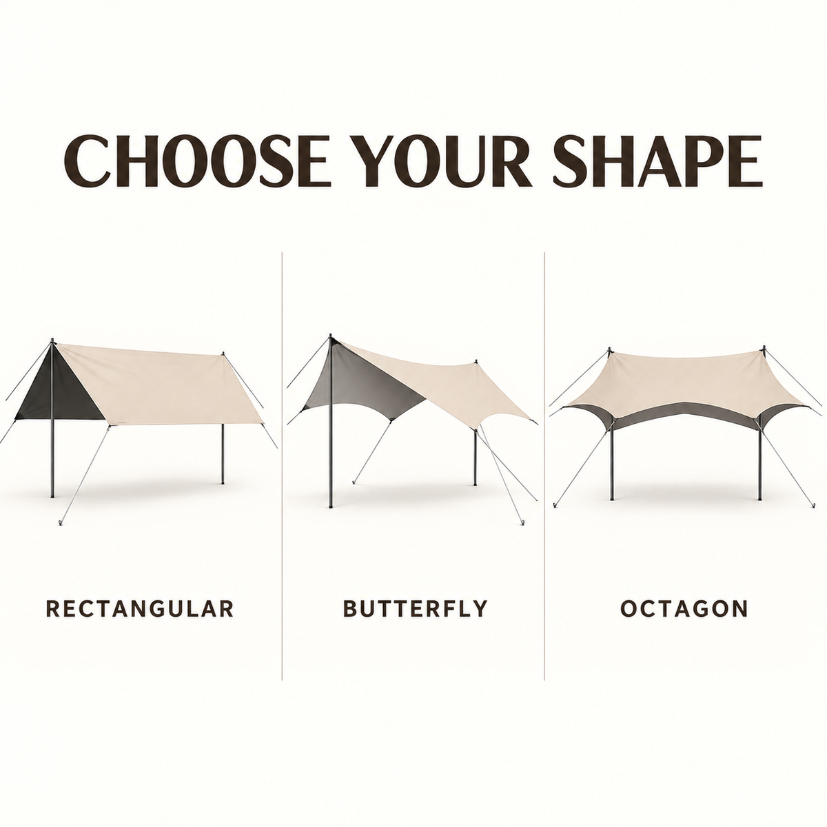 Rectangular Butterfly and Octagon tarp shapes each supported by two poles