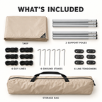 Tarp kit with two poles six guy lines six stakes six line tensioners and storage bag