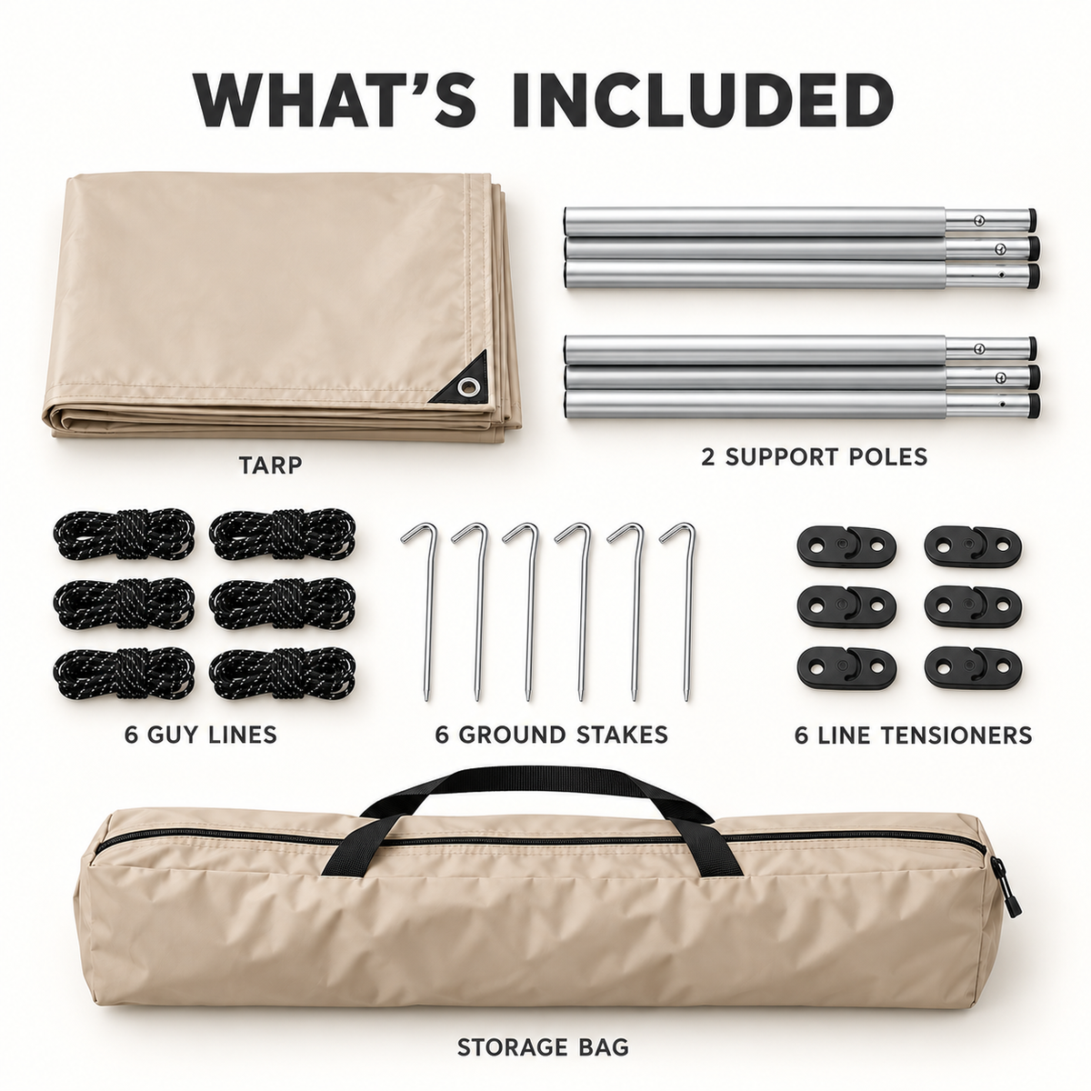 Tarp kit with two poles six guy lines six stakes six line tensioners and storage bag