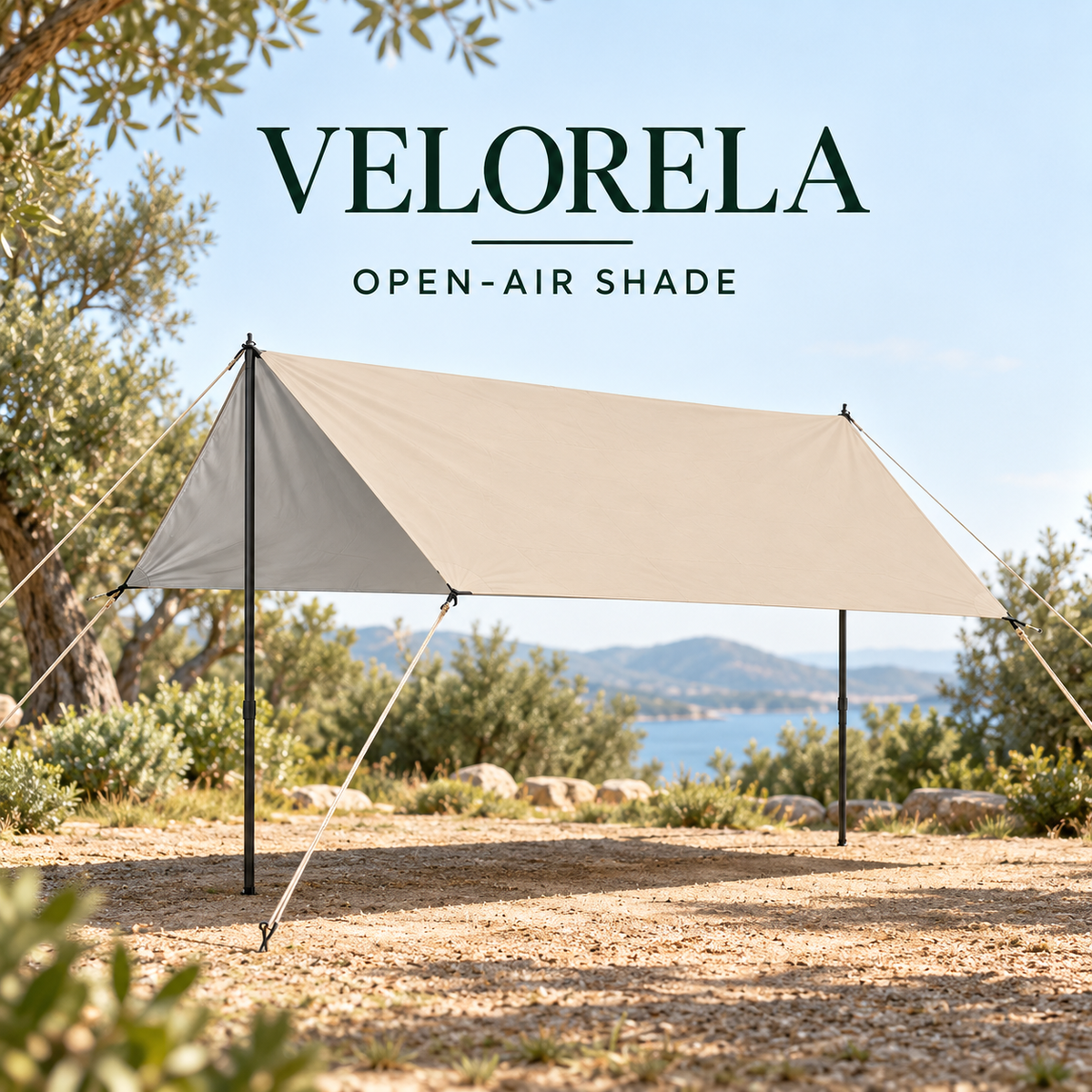 Beige Rectangular camping tarp with Silver inner coating supported by two poles