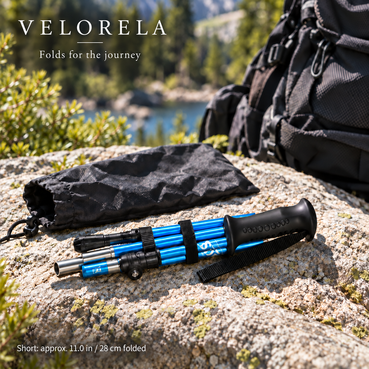 One folded blue short Straight Handle trekking pole beside its carry pouch