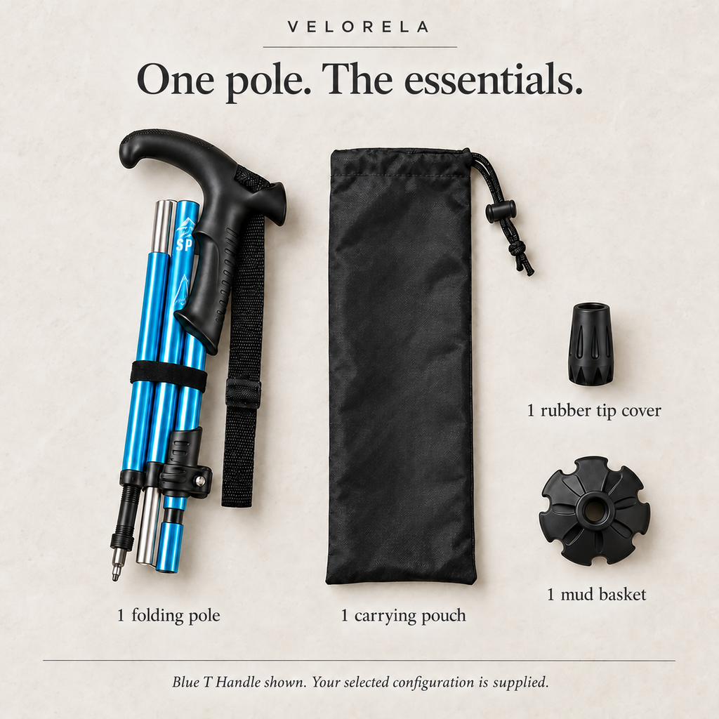 One folding pole with carrying pouch, rubber tip cover and mud basket