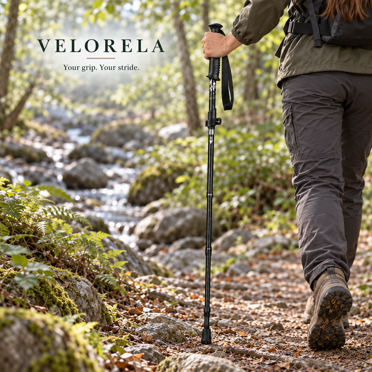 Black Straight Handle Long folding trekking pole beside a woodland creek, natural hiker, centered VELORELA underline
