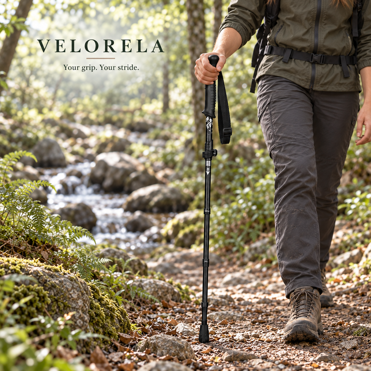 Black Straight Handle Short folding trekking pole beside a woodland creek, natural hiker, centered VELORELA underline