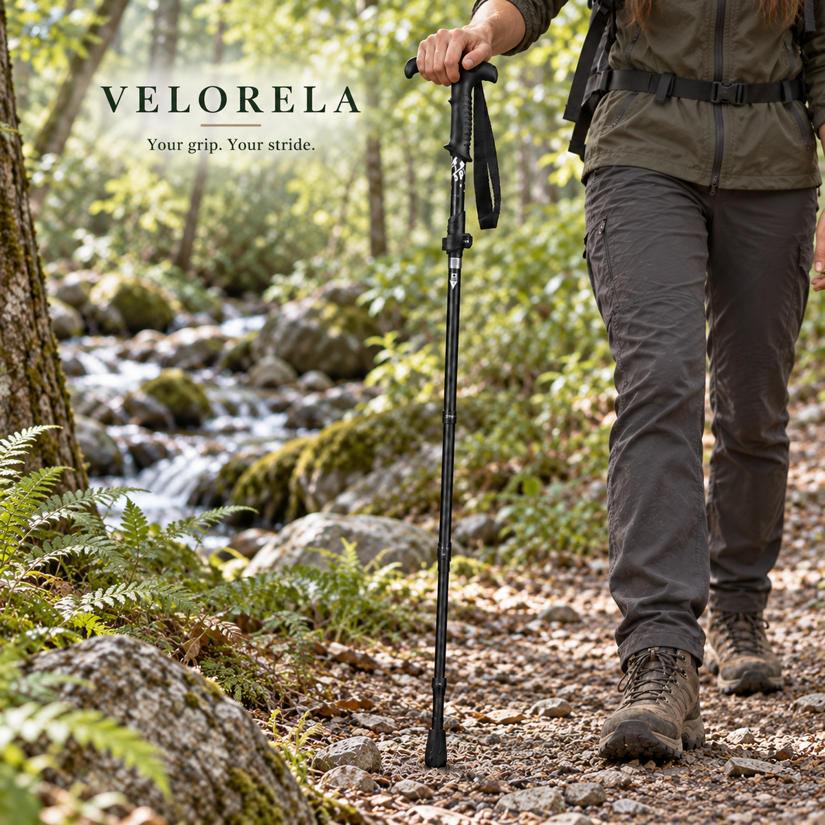 Black T Handle Long folding trekking pole beside a woodland creek, natural hiker, centered VELORELA underline