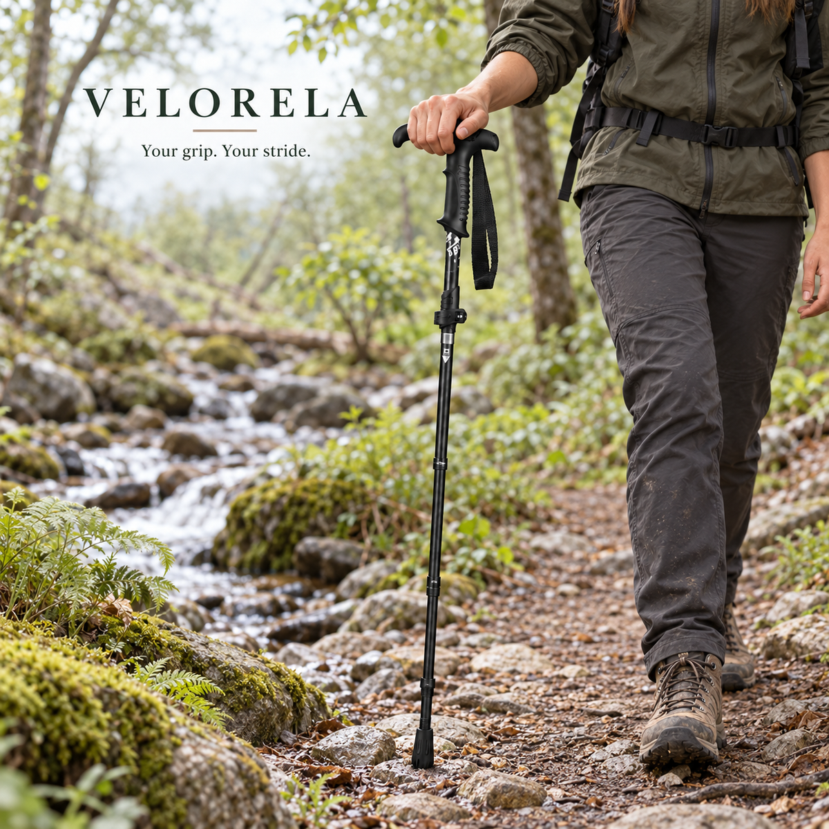 Black Short T Handle trekking pole beside a woodland creek, with naturally dressed hiker and centered brand underline
