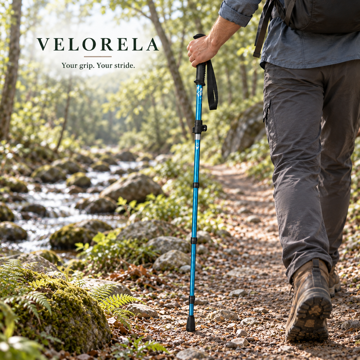 Blue Straight Handle Long folding trekking pole beside a woodland creek, natural hiker, centered VELORELA underline