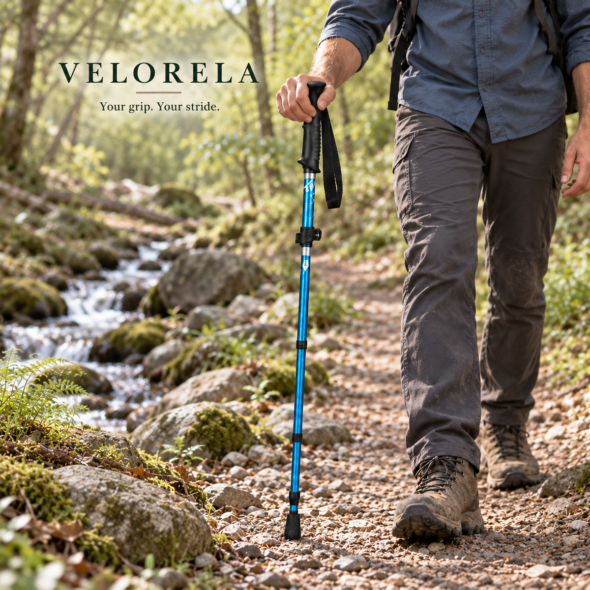 Blue Straight Handle Short folding trekking pole beside a woodland creek, natural hiker, centered VELORELA underline