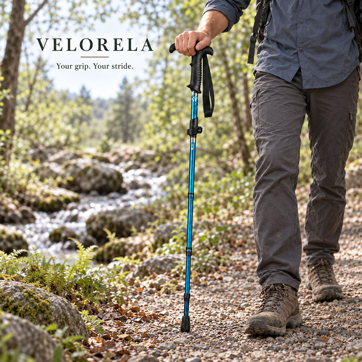 Blue T Handle Long folding trekking pole beside a woodland creek, natural hiker, centered VELORELA underline