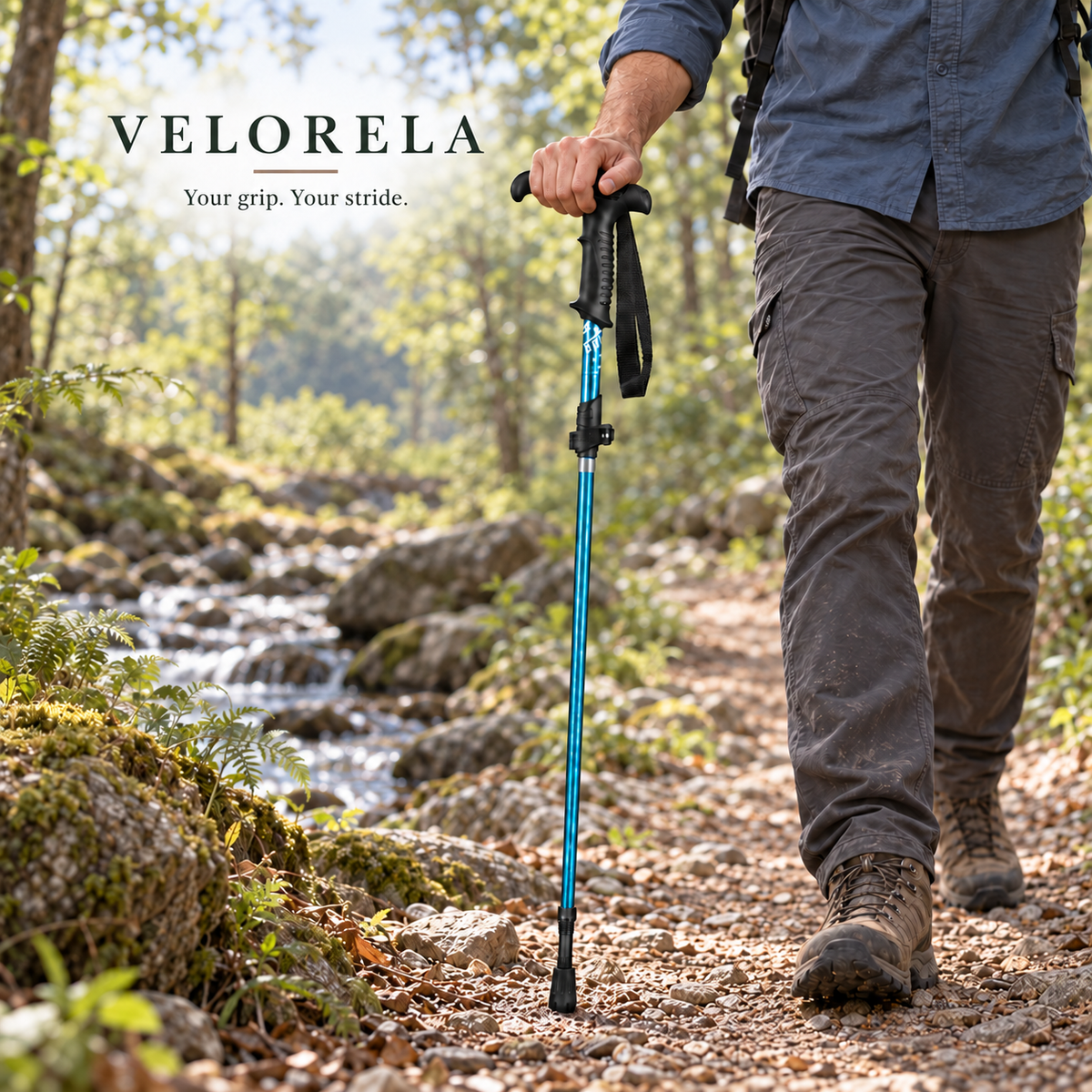Blue T Handle Short folding trekking pole beside a woodland creek, natural hiker, centered VELORELA underline