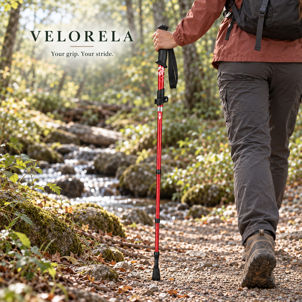 Red Straight Handle Long folding trekking pole beside a woodland creek, natural hiker, centered VELORELA underline