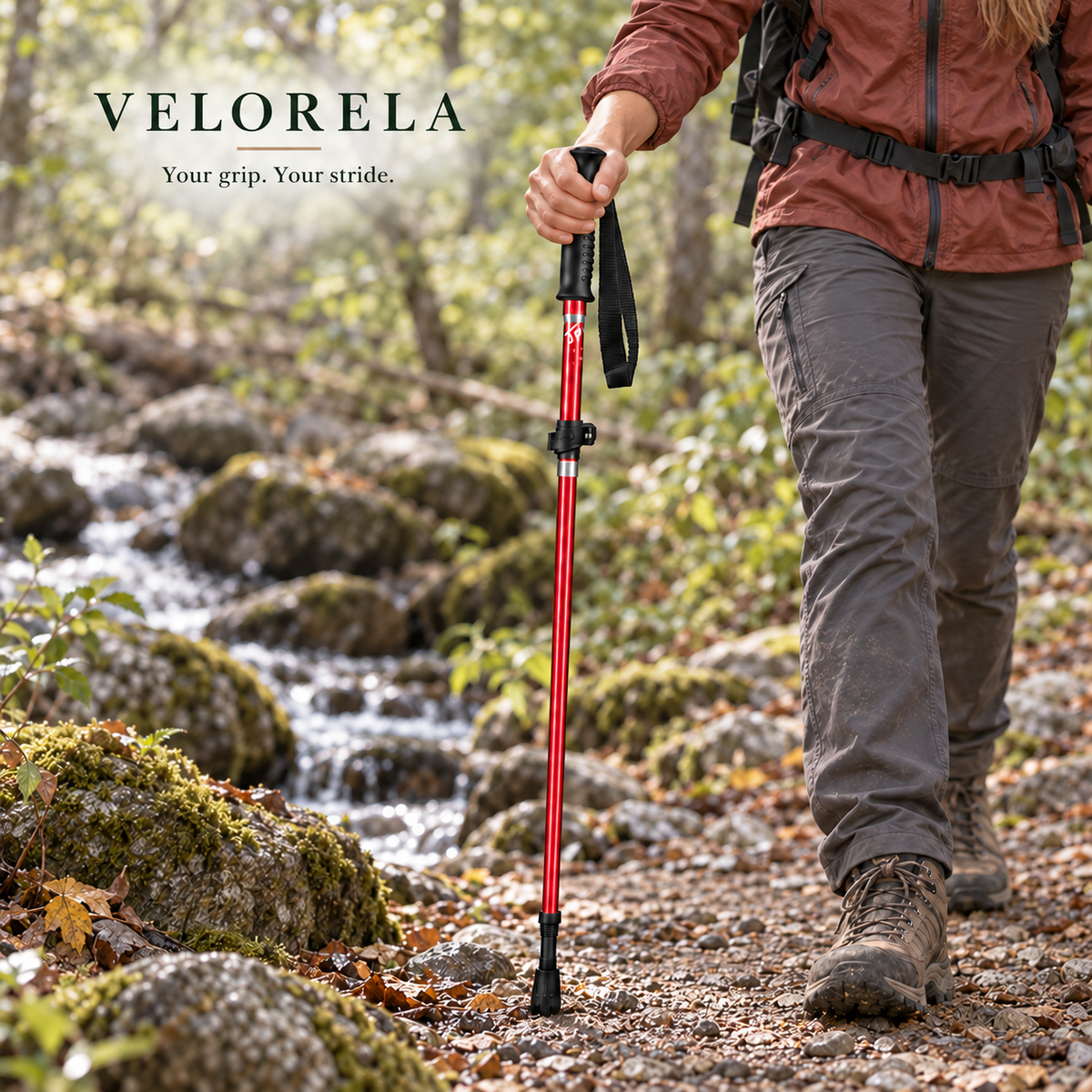 Red Straight Handle Short folding trekking pole beside a woodland creek, natural hiker, centered VELORELA underline