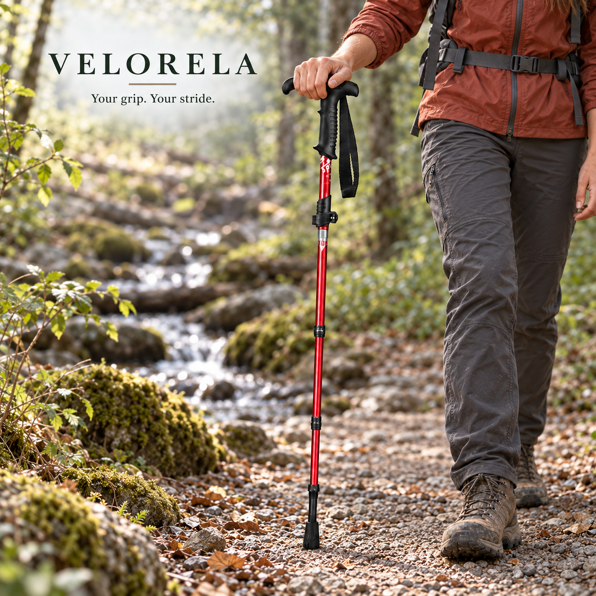 Red T Handle Long folding trekking pole beside a woodland creek, natural hiker, centered VELORELA underline