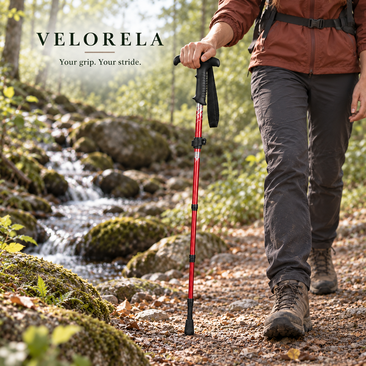 Red T Handle Short folding trekking pole beside a woodland creek, natural hiker, centered VELORELA underline