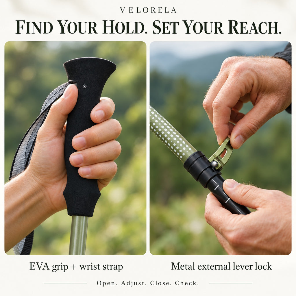 Pine Green demonstration of EVA grip, adjustable wrist strap and metal external lever lock