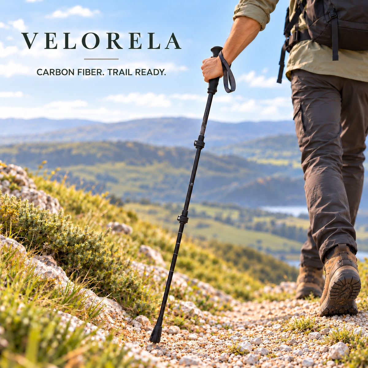 Velorela Black Long carbon-fiber trekking pole with cropped rear-facing hiker on level gravel trail