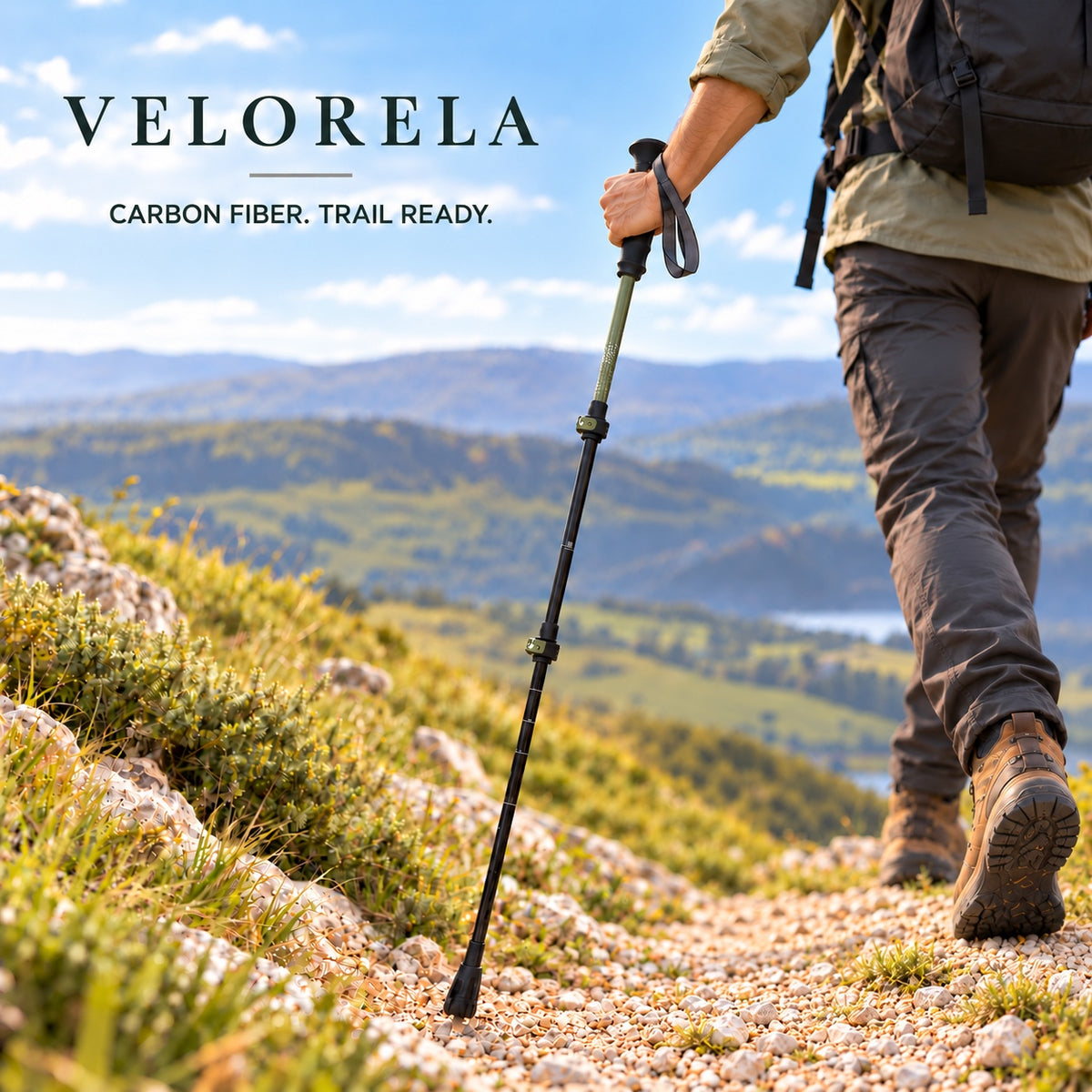 Velorela Pine Green Long carbon-fiber trekking pole with cropped rear-facing hiker mid-stride