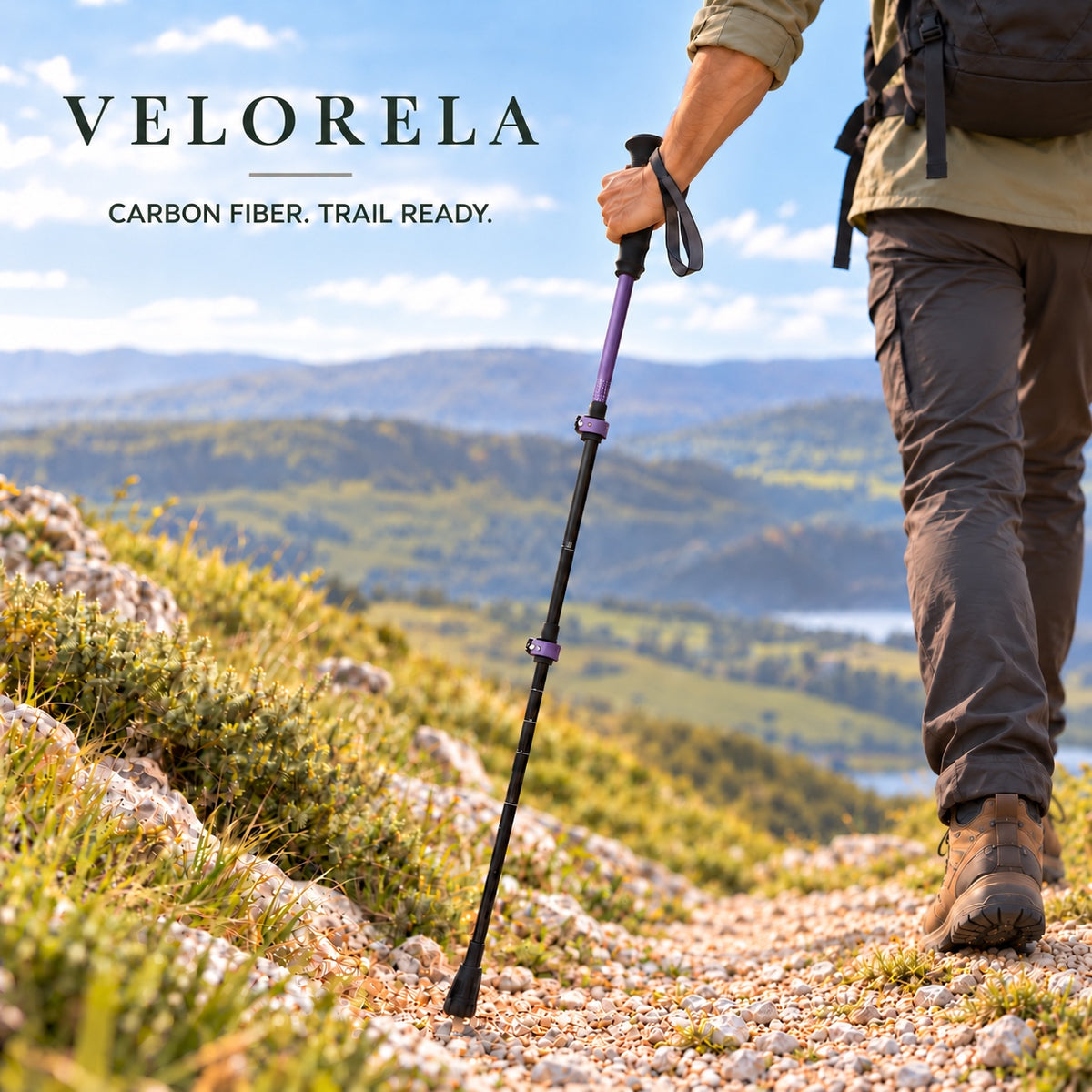 Velorela Purple Long carbon-fiber trekking pole with cropped rear-facing hiker on gravel trail