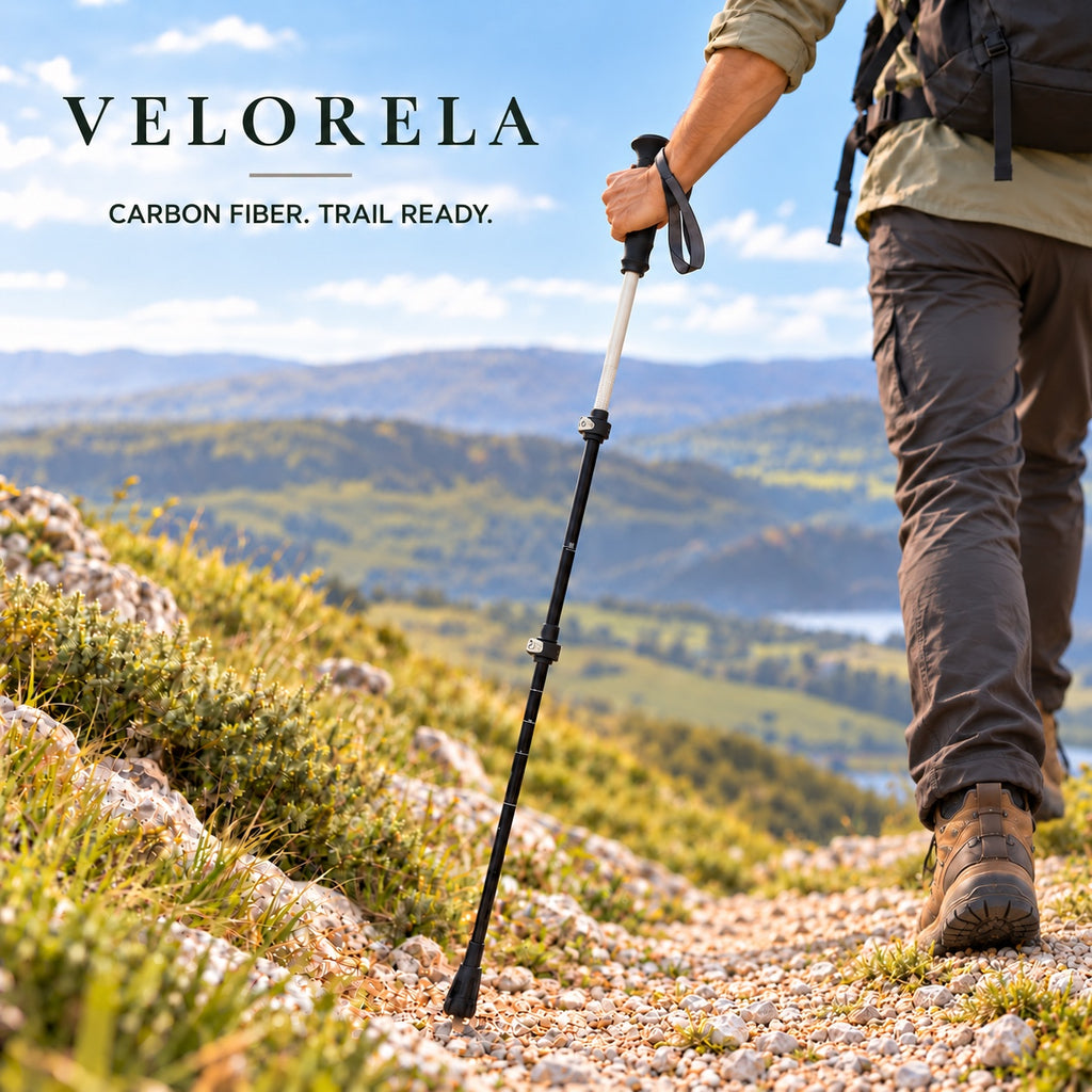 Velorela Shell White Long carbon-fiber trekking pole with naturally walking rear-facing hiker
