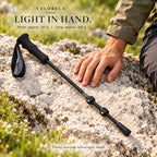 One retracted three-section carbon-fiber trekking pole; Short approx. 157 g and Long approx. 168 g
