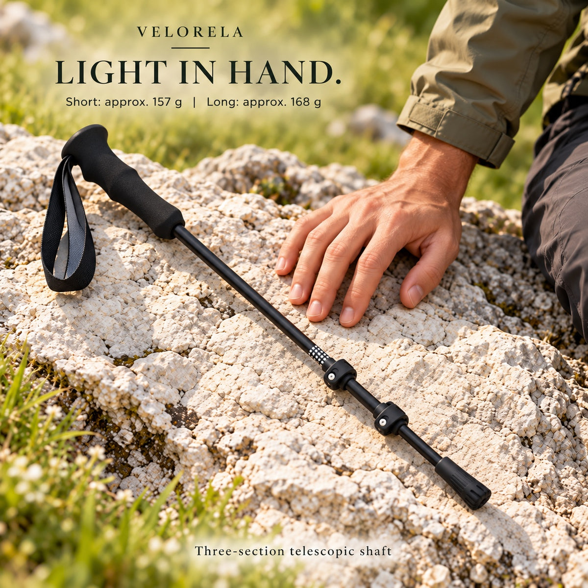 One retracted three-section carbon-fiber trekking pole; Short approx. 157 g and Long approx. 168 g