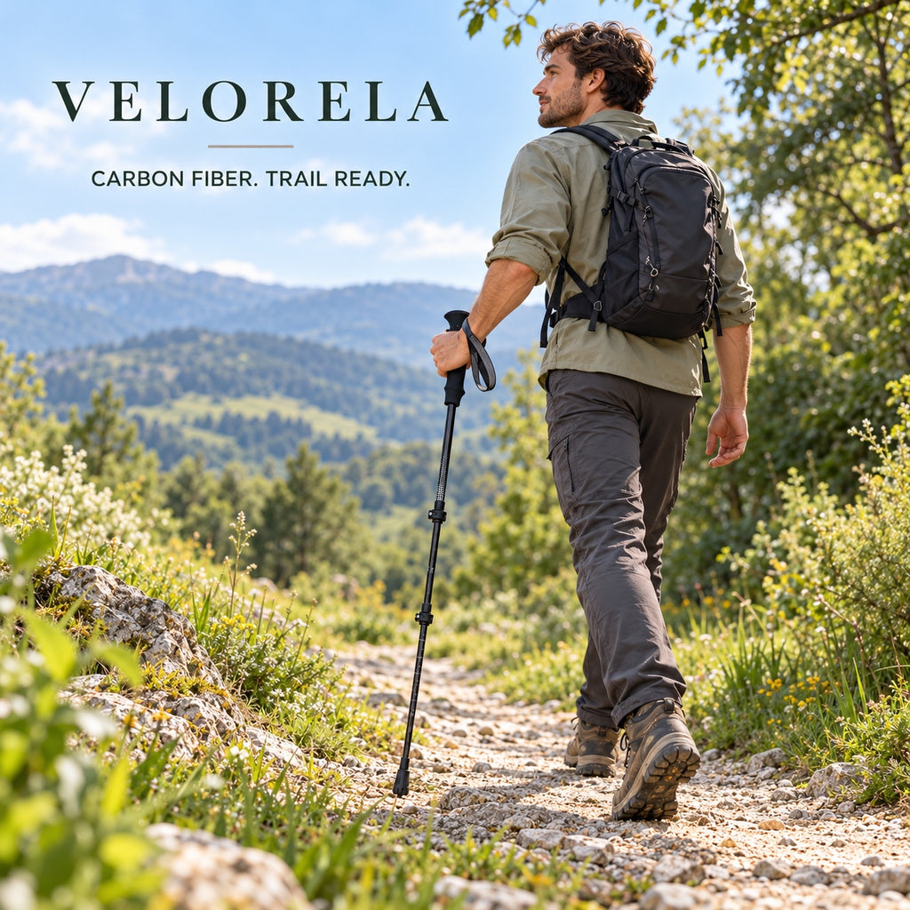 Hiker using one slender Black Long carbon-fiber trekking pole on a fresh green summer trail