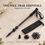 One carbon-fiber trekking pole with carrying pouch, rubber tip cover, mud basket and snow basket; not a pair