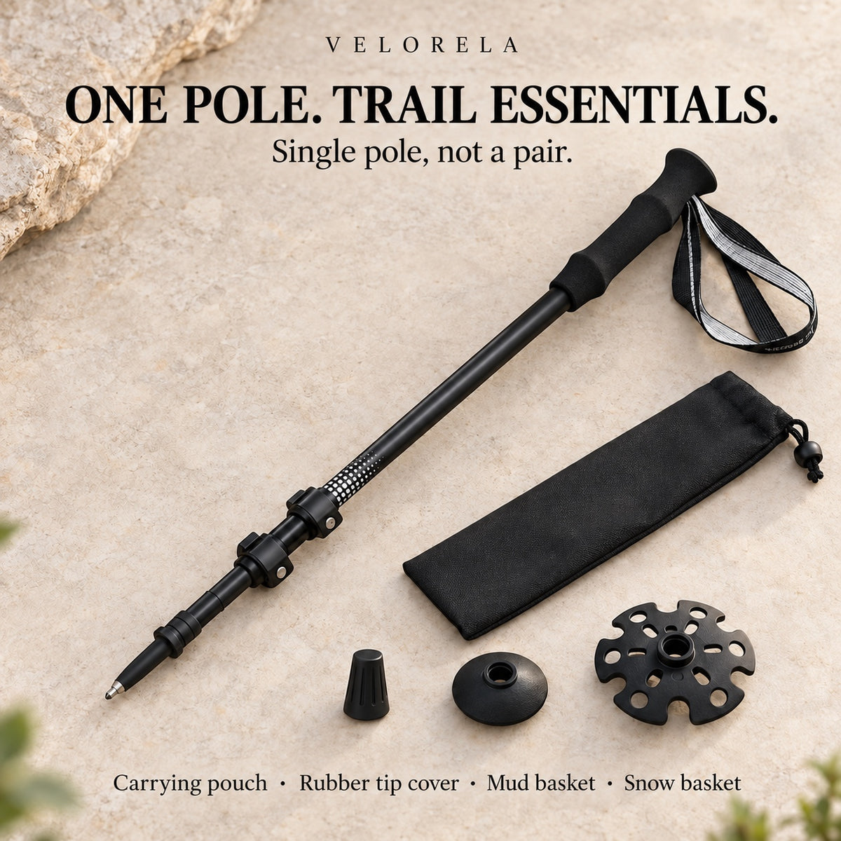 One carbon-fiber trekking pole with carrying pouch, rubber tip cover, mud basket and snow basket; not a pair