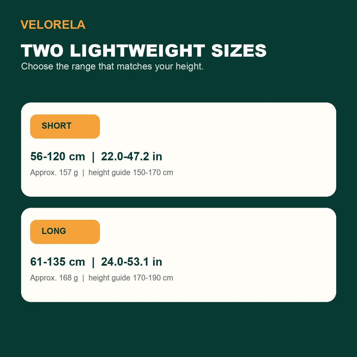 Short and Long carbon-fiber pole size guide with adjustable ranges, approximate weights and suggested heights