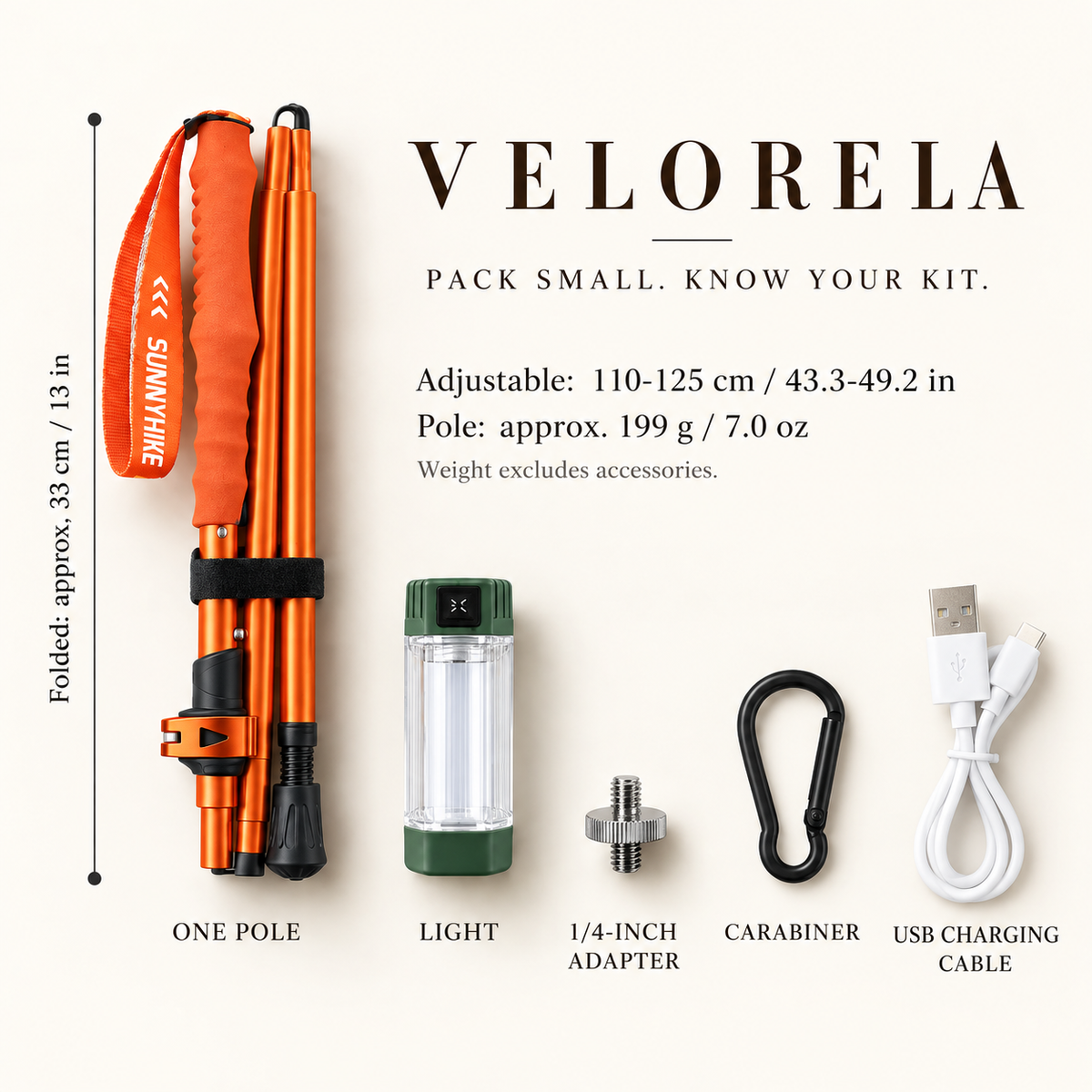 Illuminated trekking pole kit with one pole, detachable light, 1/4-inch adapter, carabiner and USB charging cable
