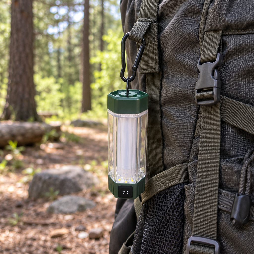 Detachable green camping light clipped to a hiking backpack with the included carabiner for daytime carrying