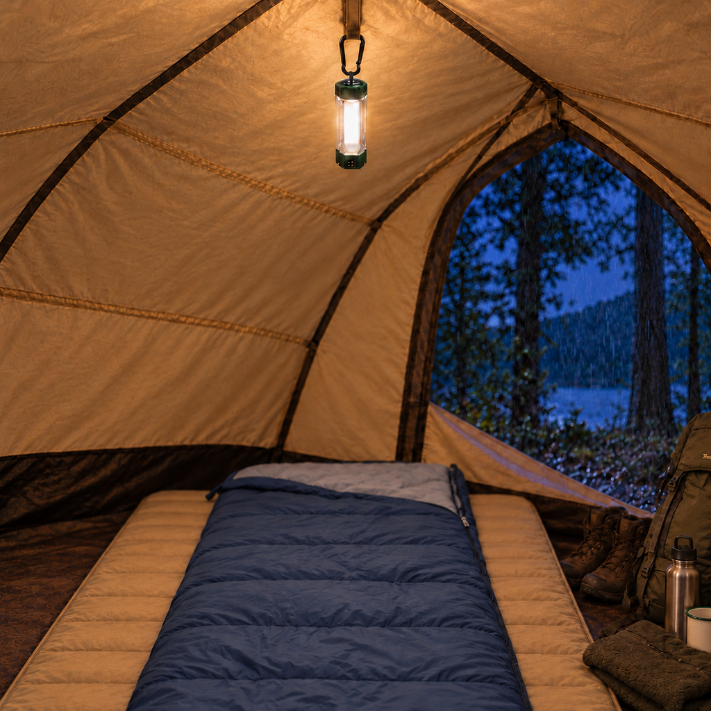 Detachable camping light hanging vertically from the tent ceiling and illuminating a sleeping setup on a rainy evening