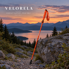 Orange compact folding trekking pole without light, in natural dusk light; pole only