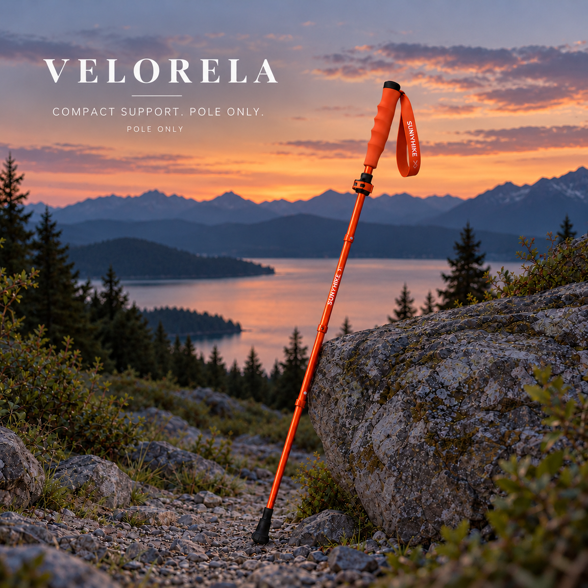 Orange compact folding trekking pole without light, in natural dusk light; pole only