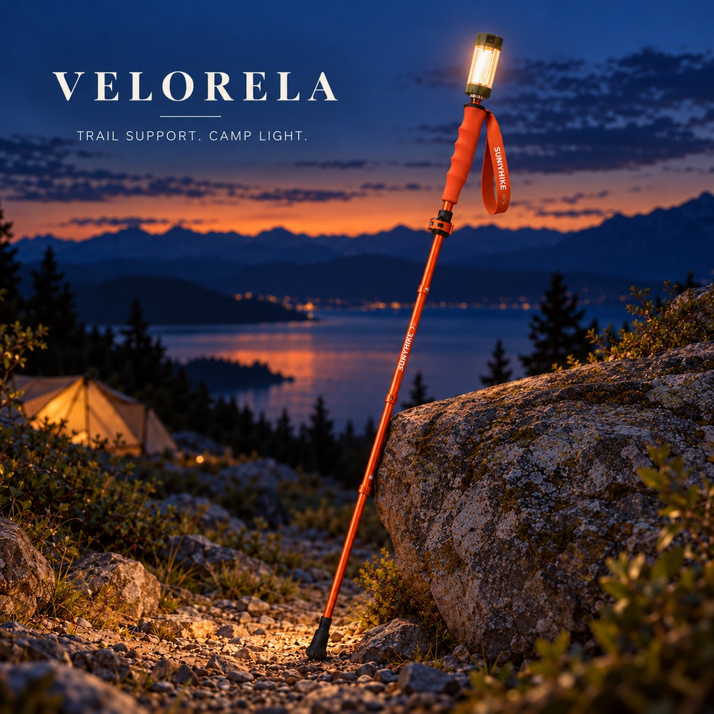 The full orange illuminated trekking pole resting against a rock at blue hour
