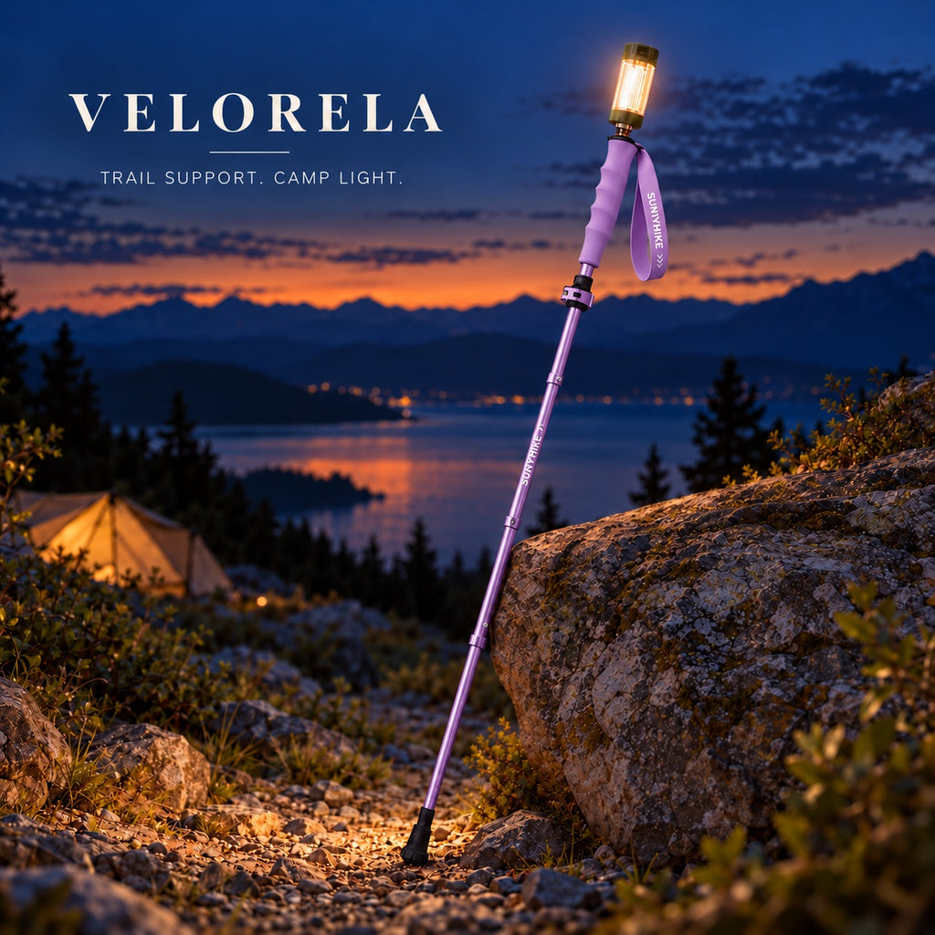 The full purple illuminated trekking pole resting against a rock at blue hour