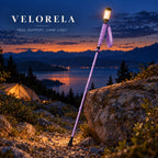 The full purple illuminated trekking pole resting against a rock at blue hour
