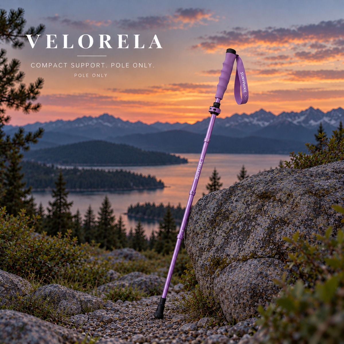 Purple compact folding trekking pole without light at a lakeside overlook; pole only