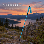 Sky Blue compact folding trekking pole without light beside rocks and alpine grass at sunset; pole only