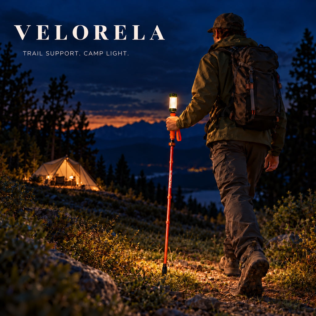 A camper using the orange illuminated trekking pole at night, with a warmly lit tent farther back along the trail