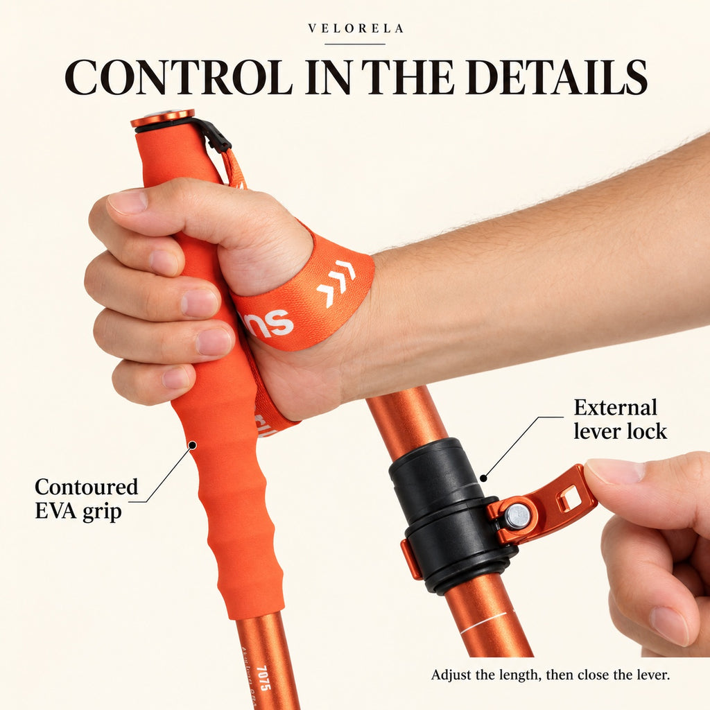 The contoured orange EVA grip with wrist strap and external lever lock