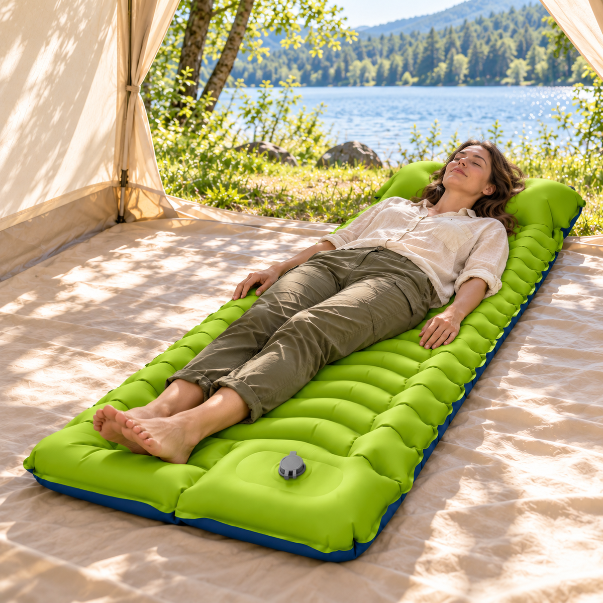 Resting on a Green/Blue wave pad at a lakeside campsite