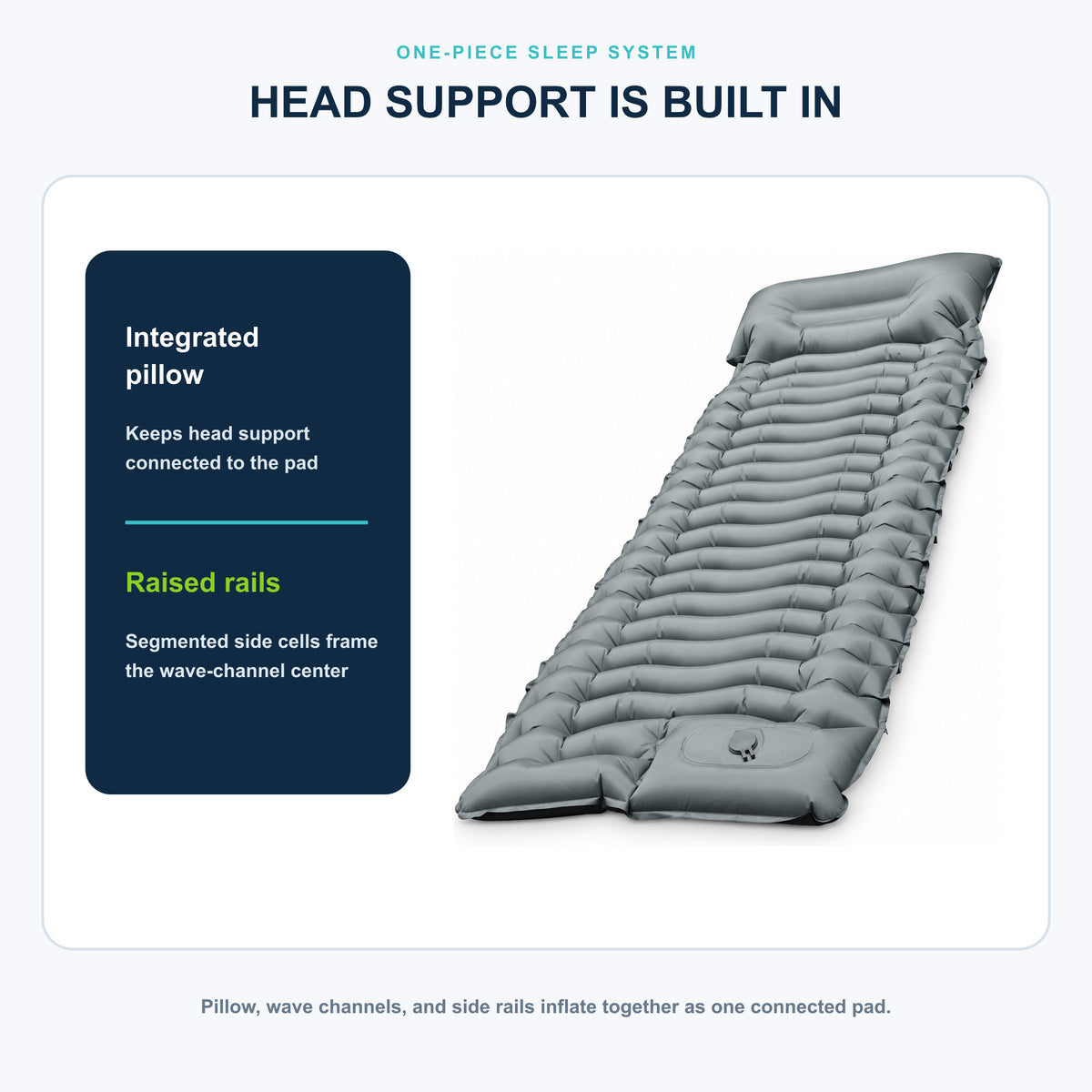 Integrated pillow and segmented side rails on Gray wave pad