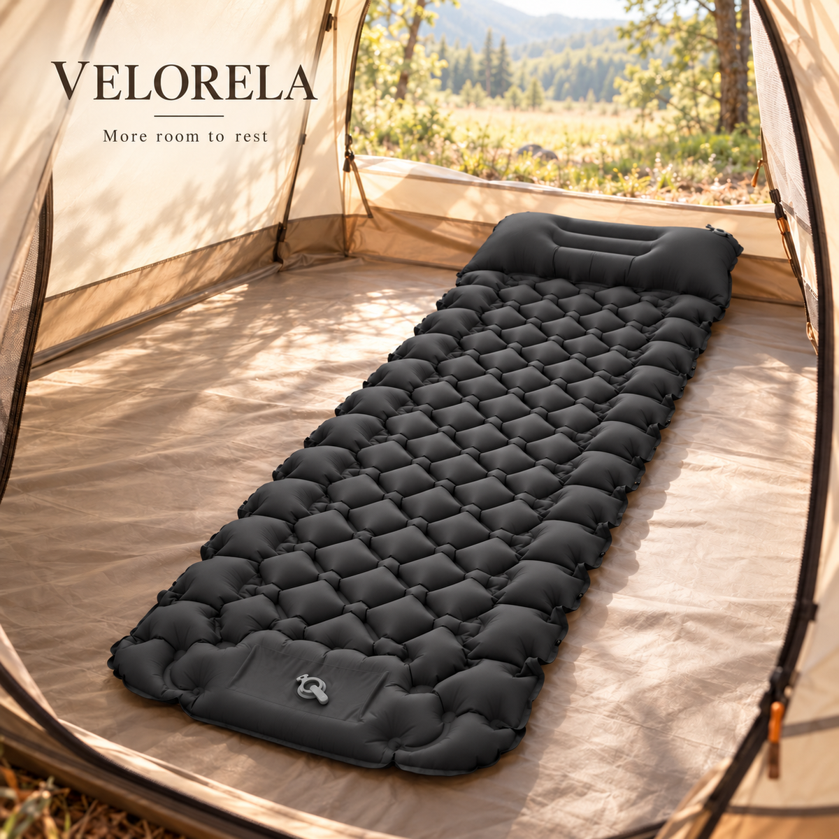 Velorela wide inflatable camping pad — hero diamond black 