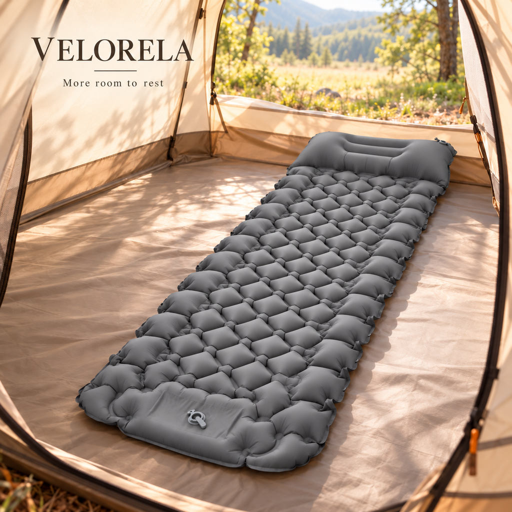 Velorela wide inflatable camping pad — hero diamond gray 