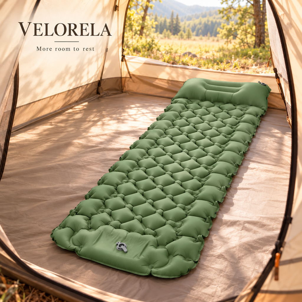 Velorela wide inflatable camping pad — hero diamond green 